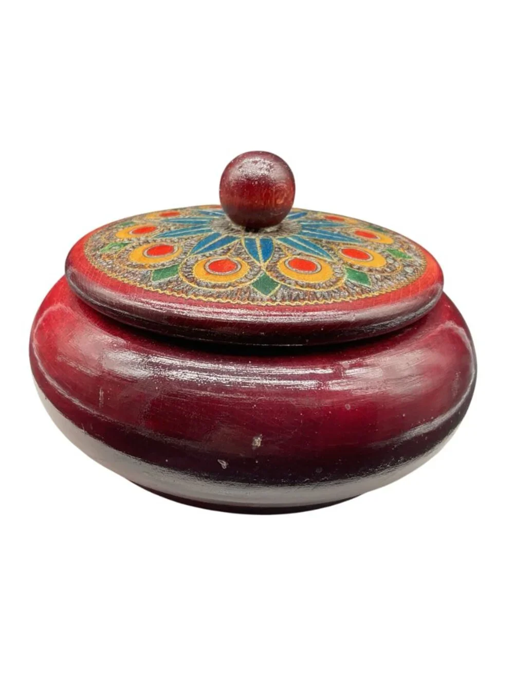 Hand Painted & Carved Red Wood Lacquered Lidded Bowl 3